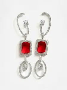 DressBerry Rhodium-Plated & Red AD-Studded Geometric Drop Earrings