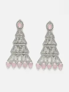 DressBerry Silver-Plated & Pink AD-Studded Oxidised Triangular Drop Earrings