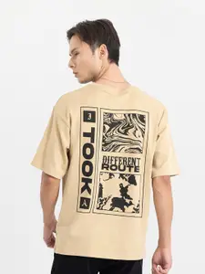 Snitch Cream-Coloured & Black Typography Printed Oversized Fit Casual T-shirt