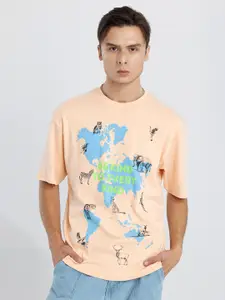 Snitch Peach-Coloured & Blue Graphic Printed Oversize Fit Casual T-shirt