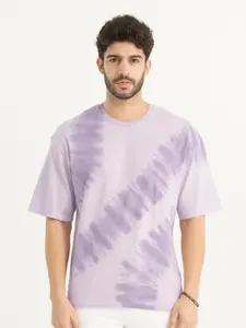 Snitch Lavender Tie & Dyed Drop Shoulder Sleeves Oversize Fit Casual T-shirt