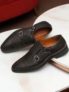 Louis Stitch Men Brunette Brown Premium Italian Leather Formal Monk Shoes