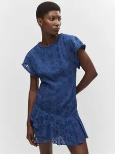 MANGO Schiffli Embroidered Cotton A-Line Mini Dress