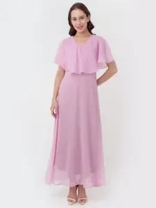 Zink London Self Design Ruffles Cape Sleeves Maxi Dress