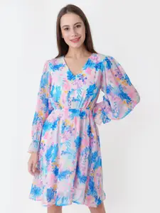 Zink London Floral Printed Puffed Sleeves Fit & Flare Dress