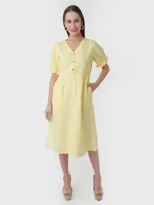 Zink London Yellow V-Neck Puff Sleeve A-Line Knee Length Dress