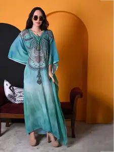 Rajoria Instyle Ethnic Motifs Printed Mandarin Collar Gathered Georgette Kaftan Maxi Dress