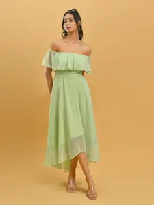 Disli Green Off-Shoulder Georgette Fit & Flare Midi Dress