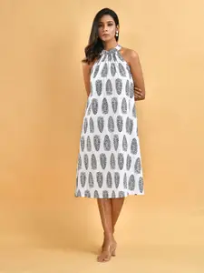 Disli Conversational Printed Halter Neck Gathered Cotton A-Line Midi Dress