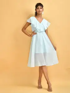 Disli V-Neck Cape Sleeves Gathered Georgette Fit & Flare Dress