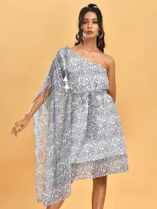 Disli Tropical Printed One-Shoulder Georgette A-Line Dress