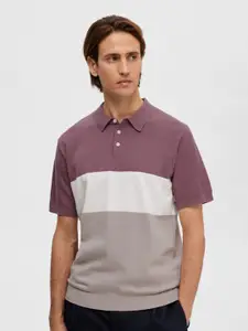 SELECTED Colourblocked Polo Collar Short Sleeves Cotton T-shirt