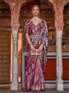 Mitera Purple & Grey Floral Printed Zari Patola Saree