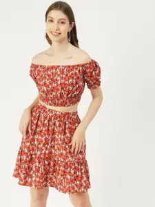 Moomaya Floral Printed Pure Cotton Off Shoulder Top With Skirt