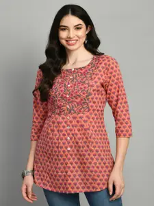 MEESAN Round Neck Floral Printed Pure Cotton Pleated Kurti