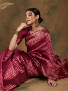 Sangria Pink Woven-Design Banarasi Silk Kanjeevaram Saree
