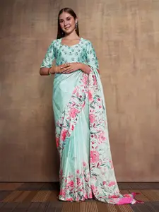 Mitera Blue & Pink Floral Printed Pure Silk Saree