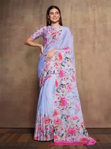 Mitera Grey & Pink Floral Printed Sequinned Pure Silk Saree