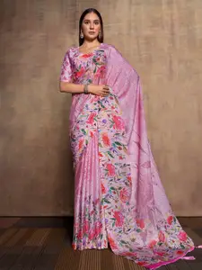 Mitera Pink & Green Floral Printed Sequinned Pure Silk Saree