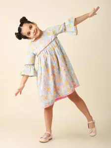 Fabindia Girls Floral Printed Bell Sleeves Cotton A-Line Dress