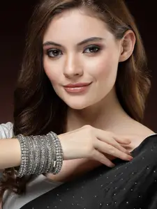 Anouk Set Of 28 Silver-Plated Stone-Studded Textured Oxidized Bangles