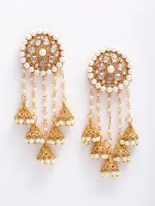 Anouk Gold-Plated Circular Kundan Studded & Beaded Jhumkas