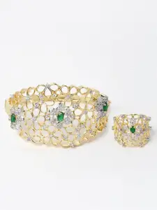 Anouk Gold-Plated Brass American Diamond Bangle-Style Bracelet with Ring