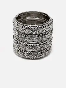 Anouk Set Of 4 Silver-Plated Oxidised Textured Bangles