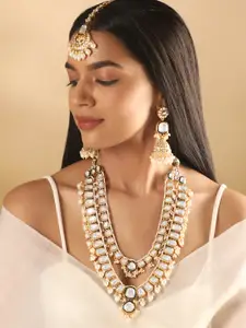 Rubans Gold-Plated Kundan Studded & Beaded Necklace & Earrings With Maang Tikka