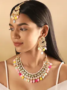 Rubans 24KT Gold-Plated Polki Studded & Beaded Necklace & Earrings With Maang Tikka