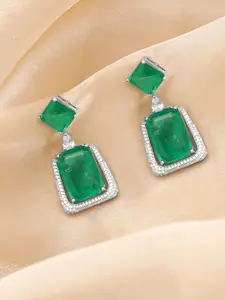 Rubans Rhodium-Plated Emerald-Studded Geometric Drop Earrings