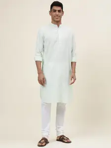 Fabindia Men Striped Mandarin Collar With Thread Work Cotton Straight Kurta