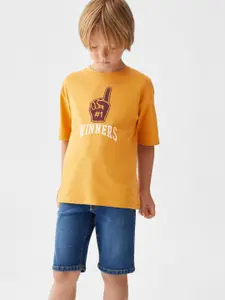 Mango Kids Boys Pure Cotton Typography Printed Drop-Shoulder Sleeves T-shirt