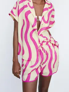 MANGO Women Printed Linen Blend Shorts