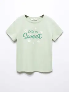 Mango Kids Girls Typography Printed Pure Cotton T-shirt