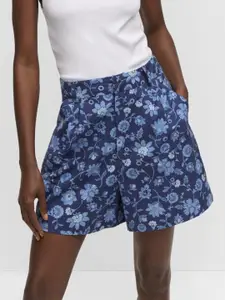 MANGO Women Floral Printed Cotton Linen Shorts