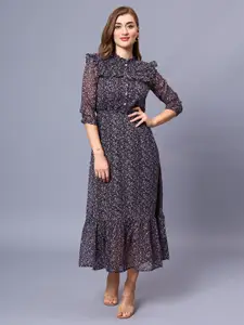 Sipsew Floral Printed Mandarin Collar Georgette Fit & Flare Midi Dress