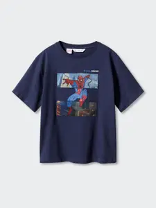 Mango Kids Boys Pure Cotton Spider-Man Printed Drop-Shoulder Sleeves T-shirt