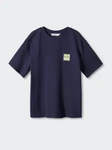 Mango Kids Boys Pure Cotton Printed Back Drop-Shoulder Sleeves Applique T-shirt