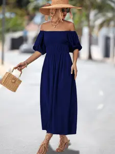 StyleCast Navy Blue Off-Shoulder Puff Sleeves Gathered Maxi Dress