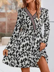 StyleCast White & Black Abstract Printed V-Neck Cuffed Sleeves A-Line Dress