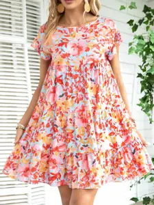 StyleCast Blue & Pink Floral Printed Flutter Sleeve Tiered Empire Dress