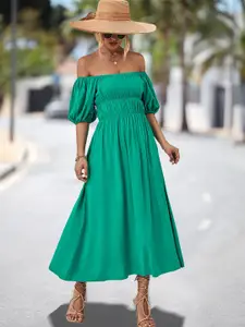 StyleCast Green Off-Shoulder Puff Sleeve Gathered Fit & Flare Dress