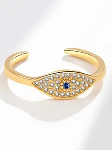 MYKI Stainless Steel Gold-Plated CZ-Studded Evil Eye Charm Finger Ring