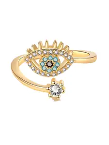 MYKI Stainless Steel Gold-Plated CZ-Studded Evil Eye Finger Ring