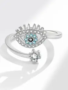 MYKI Stainless Steel Silver-Plated CZ-Studded Evil Eye Finger Ring