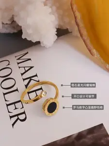 MYKI Stainless Steel Gold-Plated Stone Studded Roman Numbers Finger Rings