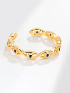 MYKI Stainless Steel Gold-Plated CZ-Studded Adjustable Finger Ring
