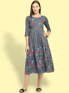 True Shape Floral Printed Round Neck Gathered Maternity Fit & Flare Midi Dress
