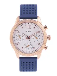 GUESS Women White Dial & Blue Cut Work Straps Analogue Automatic Watch